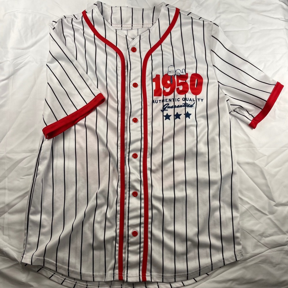 Peanuts Snoopy Joe Cool Baseball Jersey White Pinstripe Mens Medium 1950 Graphic